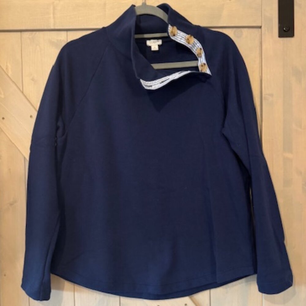 J Crew Wide Button Collar Tunic Navy Blue Cloudspun Fleece Sweater Size M EUC
